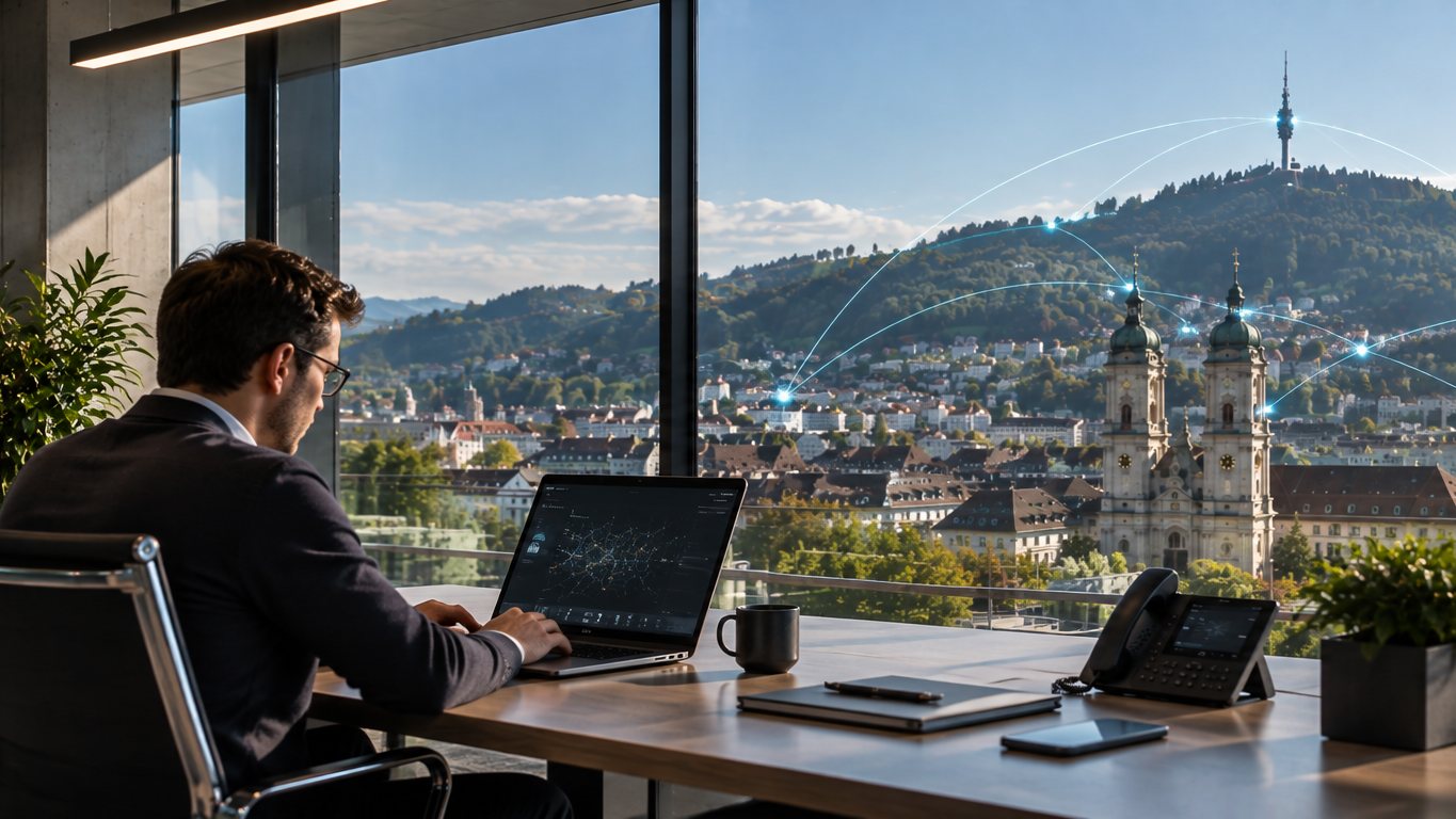 Büro mit Sitzung, Telefonanlage und Serverschrank