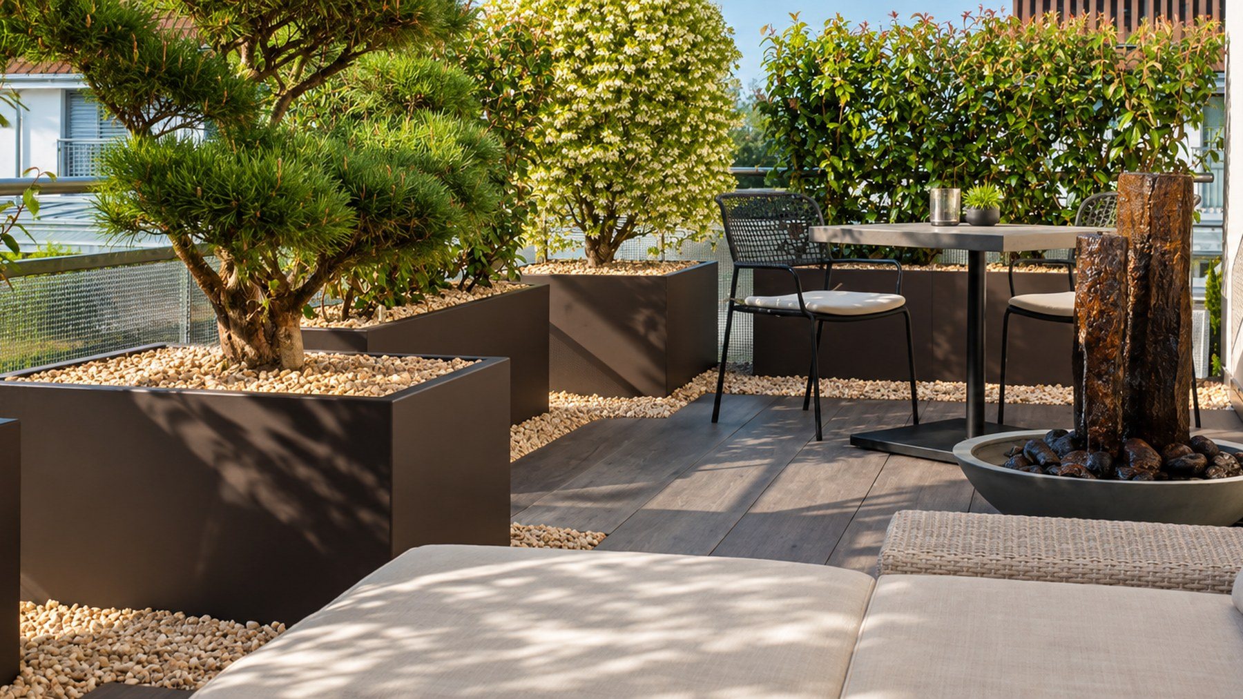 Umgesetzte Terrassenbegrünung mit Pflanzgefässen
