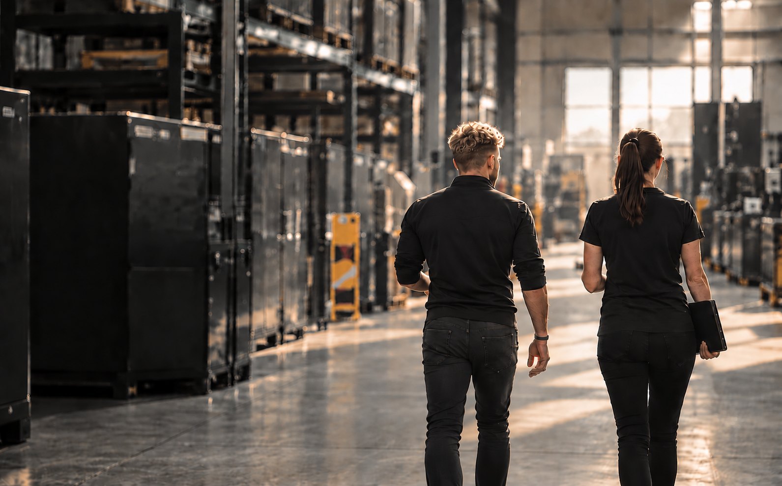 Stimmungsbild, mit AI generiert: zwei Personen gehen durch eine Produktionshalle