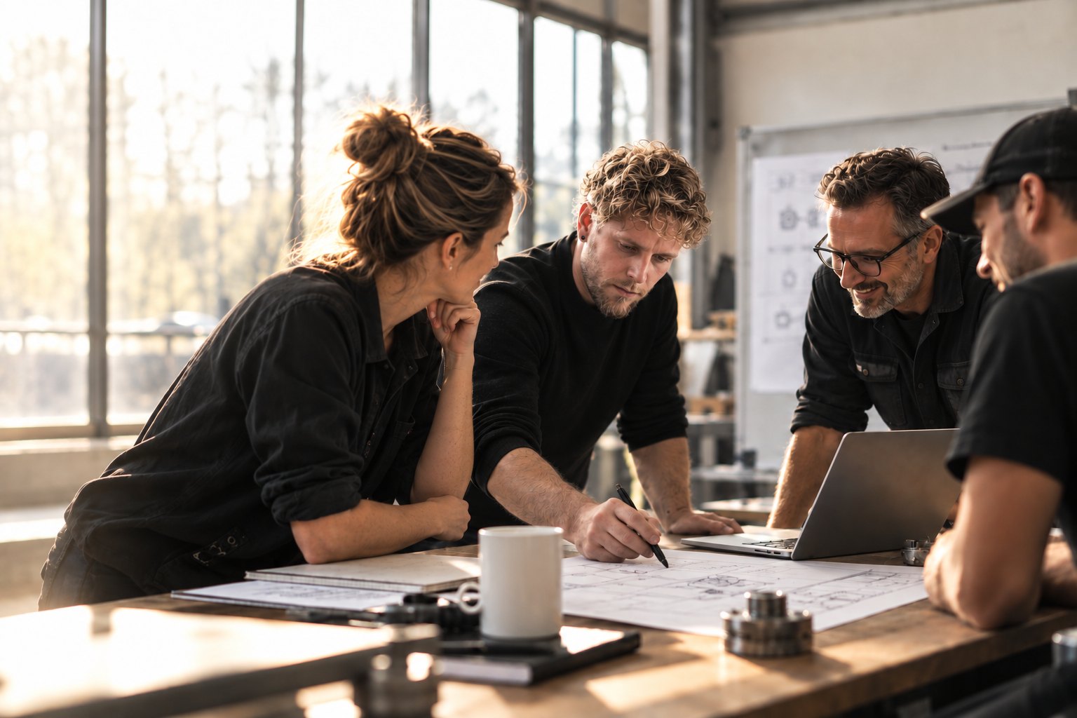 Stimmungsbild, mit AI generiert: Team am Tisch in einer Werkhalle bespricht Pläne